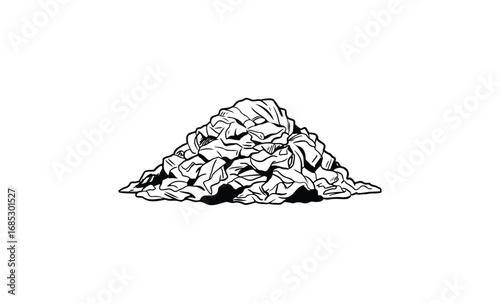 Black and white illustration of a crumpled paper pile. Vector retro hand drawn illustration