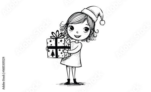 Cartoon female child holding wrapped gift in santa hat for christmas celebration. Vector retro hand drawn illustration