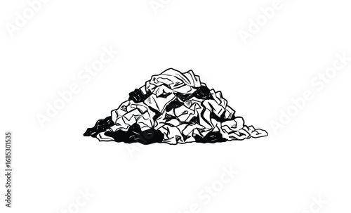 Black and white sketch of a pile of crumpled paper. Vector retro hand drawn illustration