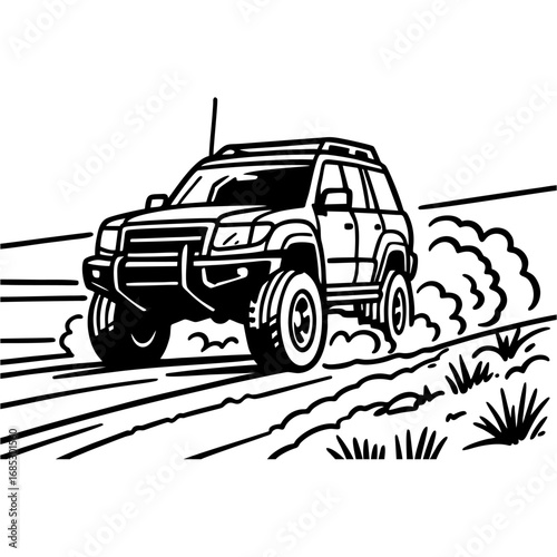 Off-road Suv Driving on Dirt Trail in Nature Line Art Vector