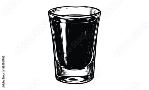 Monochrome ink illustration of a shot glass filled with liquid. Vector retro hand drawn illustration