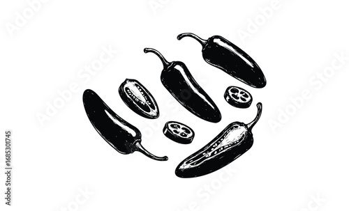 Hand-drawn black and white jalapeño peppers illustration. Vector retro hand drawn illustration