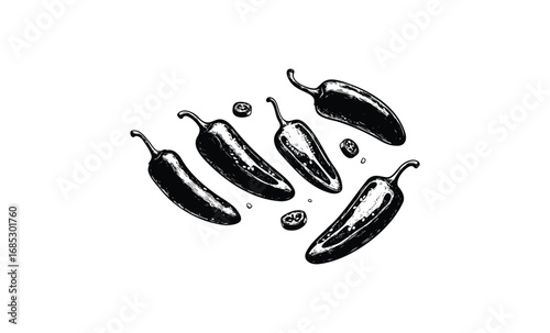 Vintage black and white illustration of jalapeño peppers with slices. Vector retro hand drawn illustration
