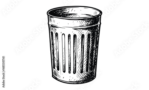 Black and white sketch of a vintage metal trash can. Vector retro hand drawn illustration