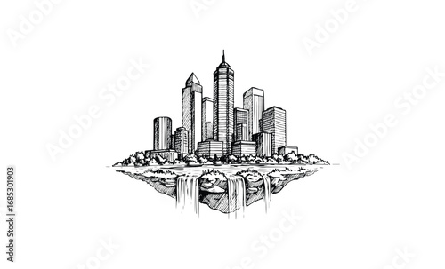 Futuristic skyscrapers rising from floating island with waterfalls. Vector retro hand drawn illustration