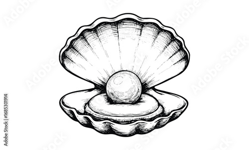 Hand-drawn black and white opened seashell with pearl illustration. Vector retro hand drawn illustration