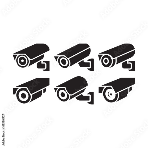Set of six black surveillance security cameras iconography for monitoring and protection systems vector