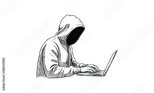 Anonymous figure in hoodie typing on laptop. Vector retro hand drawn illustration