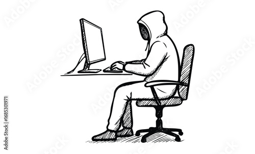 Anonymous figure in hoodie at computer desk black and white illustration. Vector retro hand drawn illustration