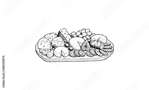 Hand-drawn cheese platter with grapes and sausages. Vector retro hand drawn illustration