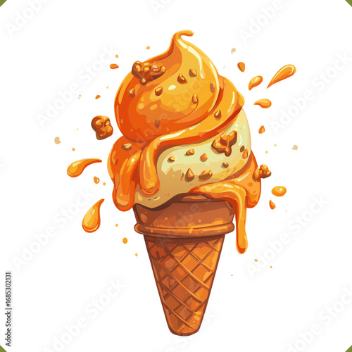 Vector illustration of a pumpkin and matcha swirl ice cream in a waffle cone with splashes, isolated on white background