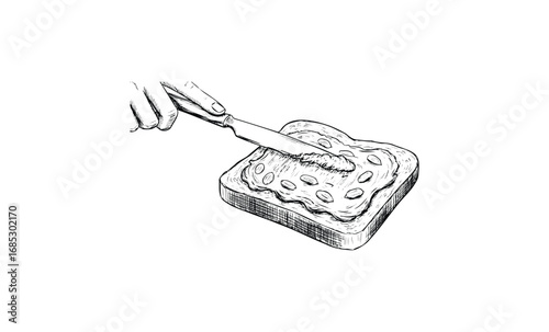 Black and white sketch of hand spreading butter on toast with knife. Vector retro hand drawn illustration