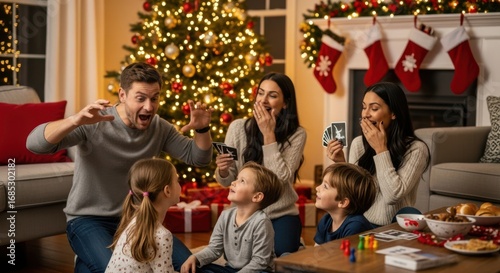 Happy Family Playing Card Game by Christmas Tree