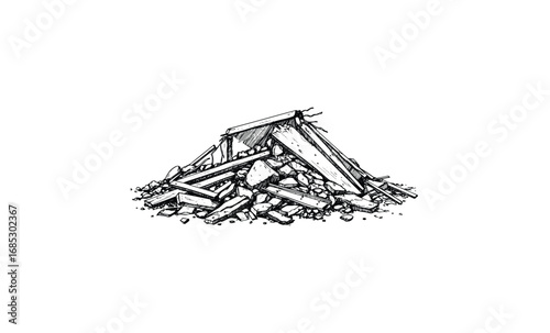 Monochrome illustration of urban debris and rubble. Vector retro hand drawn illustration