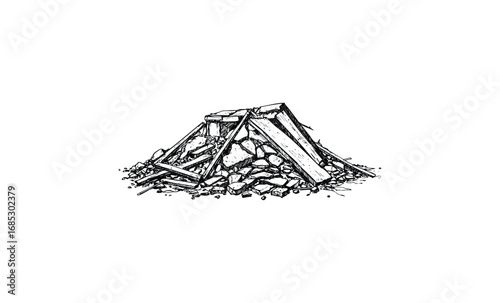 Sketch of wooden planks and rubble pile. Vector retro hand drawn illustration