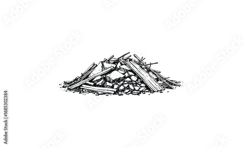Illustration of pile of debris and rubble. Vector retro hand drawn illustration