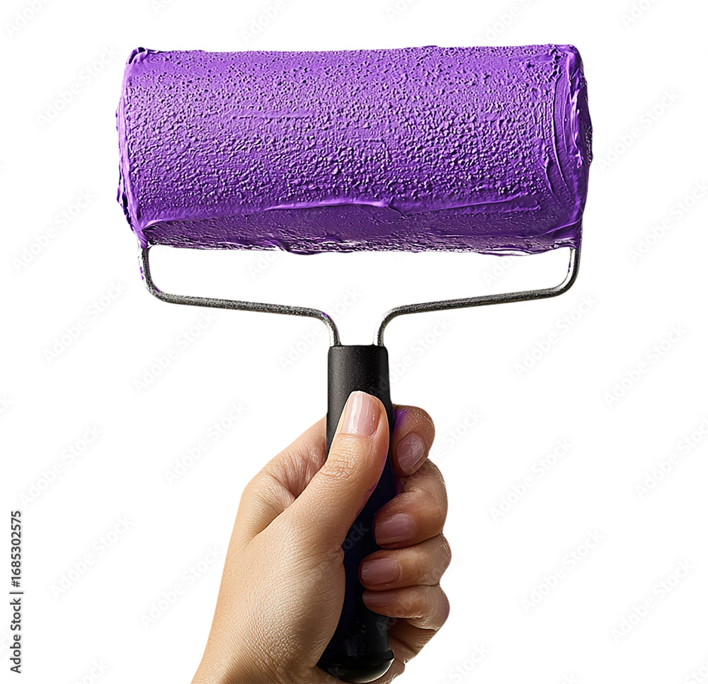 Obraz premium Hand Holding Roller with Purple Paint on White Background for Renovation