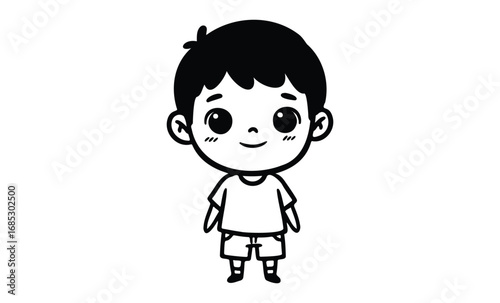 Cute cartoon illustration of young asian male child in t-shirt and shorts. Vector retro hand drawn illustration