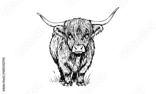 Detailed black and white highland cow illustration with long horns. Vector retro hand drawn illustration
