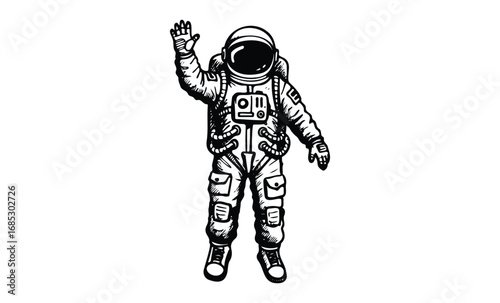 Detailed black and white illustration of astronaut in a space suit waving in mid-air. Vector retro hand drawn illustration