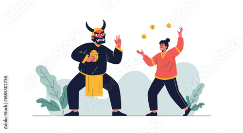 Demon confronting a skilled juggler in a mystical forest setting