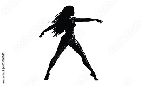 Silhouette of young female dancer in elegant pose. Vector retro hand drawn illustration