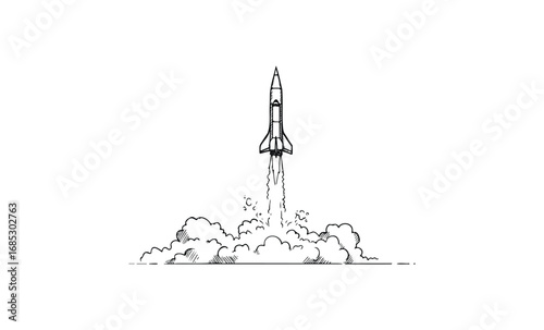 Black and white sketch of rocket launching with billowing smoke. Vector retro hand drawn illustration