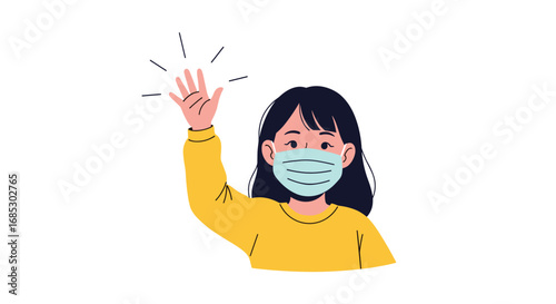 Young person wearing face mask waving hello goodbye friendly gesture