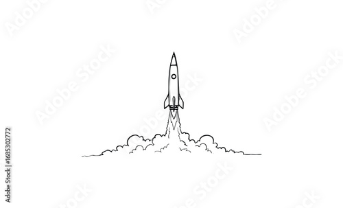 Rocket launch illustration: black and white line art of spacecraft taking off. Vector retro hand drawn illustration