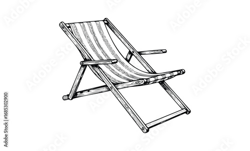 Black and white sketch of wooden folding deck chair with striped fabric. Vector retro hand drawn illustration