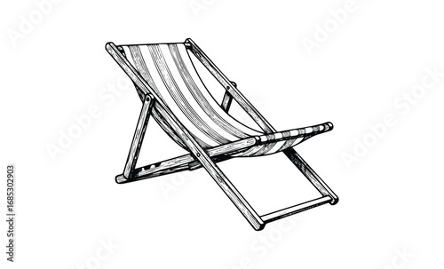 Vintage striped folding deck chair illustration. Vector retro hand drawn illustration