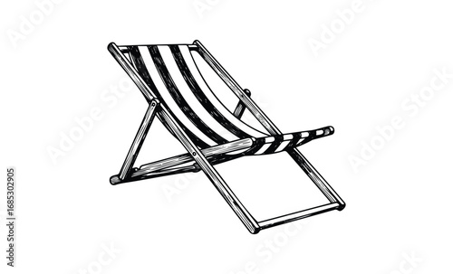 Black and white illustration of a wooden beach chair with striped fabric. Vector retro hand drawn illustration