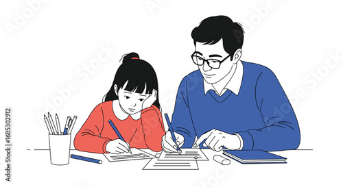 A father patiently guides his daughter in her homework and studies at home