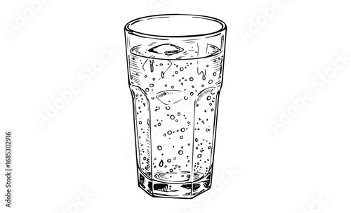 Illustrated glass of sparkling water with bubbles in black and white design. Vector retro hand drawn illustration