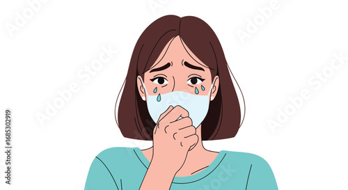 Young woman coughing wearing surgical mask feeling sick coronavirus symptoms pandemic illness