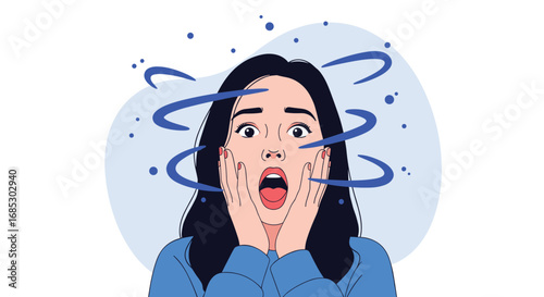 Young woman experiencing shock and surprise with swirling lines around her head