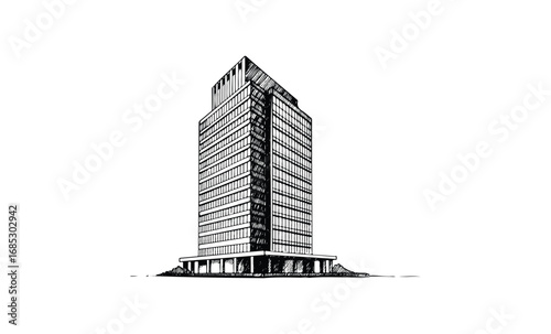 Black and white sketch of a modern high-rise building with glass windows. Vector retro hand drawn illustration