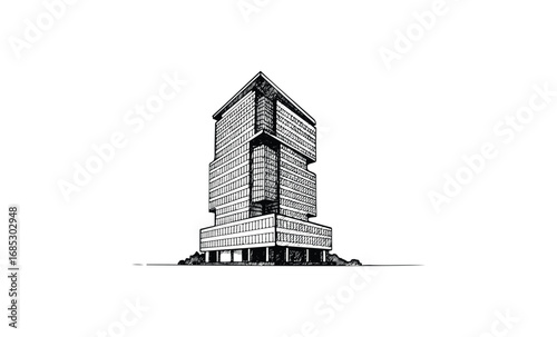 Modern geometric building design with stacked cubic architecture and angular elements. Vector retro hand drawn illustration