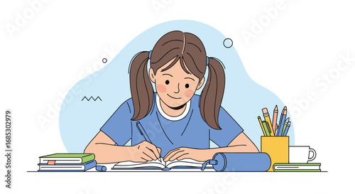 Young girl with pigtails diligently writing in her notebook at a desk
