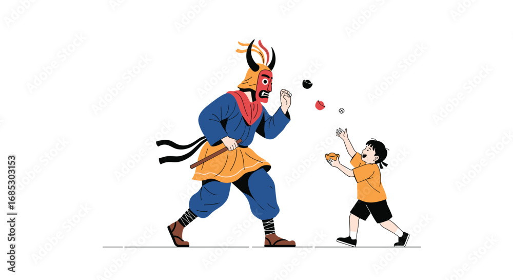 Obraz premium Traditional festival celebration with masked figure and child playing