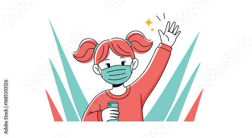 Young girl wearing a medical mask waves hello enthusiastically