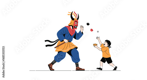 Traditional festival celebration with masked figure and child playing
