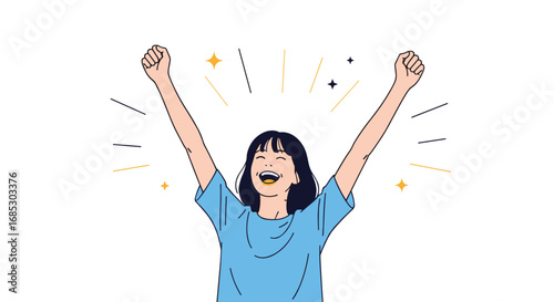 Joyful young woman celebrates success arms raised high in the air surrounded by sparkles