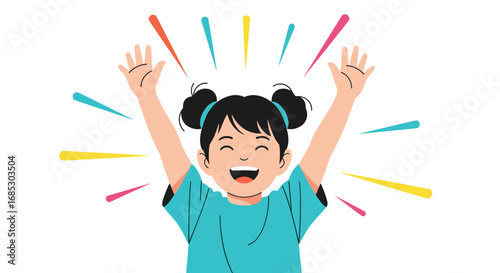Excited young girl with arms raised in celebration and joyful expression