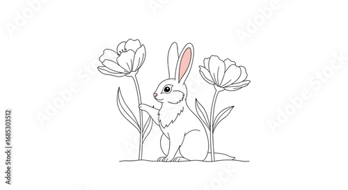Charming rabbit surrounded by delicate flowers in a whimsical garden scene