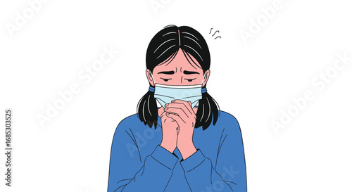 Person wearing mask feeling unwell covering mouth with hands isolated white background illustration