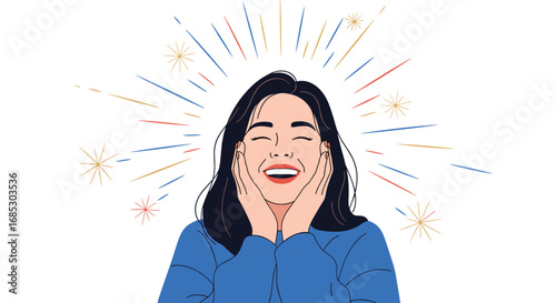 A woman experiencing joy and happiness with sparkling effects around her head