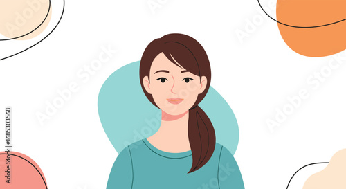 A friendly woman with brown hair smiling happily surrounded by colorful abstract shapes