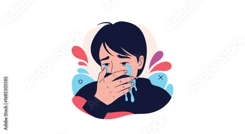 Illustration of a boy crying with his hand covering his mouth
