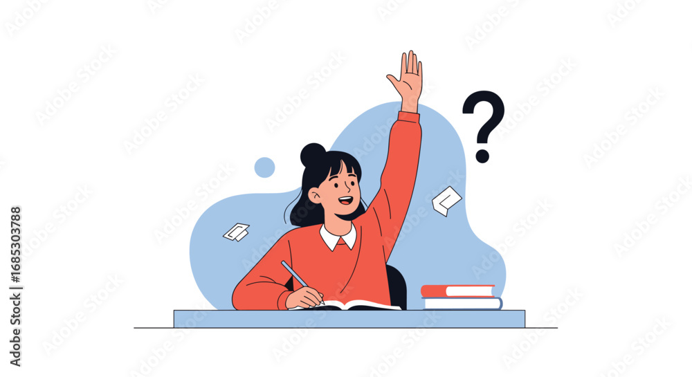 Obraz premium Young student raising hand eagerly to answer question during class